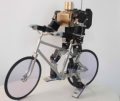 Bipedal robot rides bicycle.